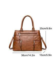 1pc Women's Solid Retro Brown Tote Bag, Large Capacity Multi-Zipper Pockets Waterproof PU Dual Handle Portable Outdoor Casual Business Versatile Shoulder Bag, Stitching Anti-Theft Crossbody Bag - Khaki - View 9