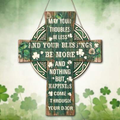 1 Piece, St. Patrick's Day Green Wooden Cross Doorplate With Irish Blessing - Retro-Style Hanging Decoration, Suitable For Home, Wall Or Front Door - Country Clover Design, Artificial Wood, St. Patrick's Day Decoration/Retro Door Logo/Irish Blessing Text