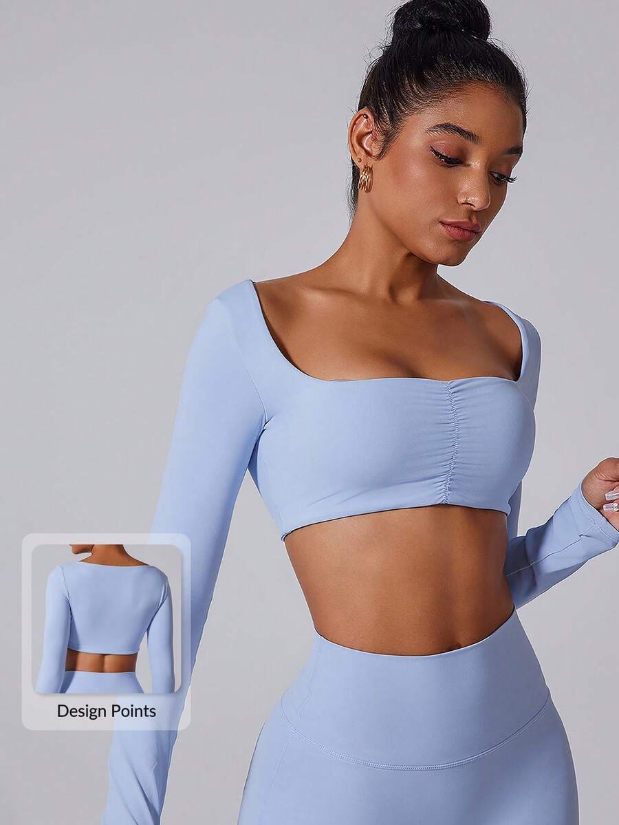 MASKERT Blusa corta ajustada para mujer, camiseta deportiva de manga larga, camiseta de protección solar de manga larga para yoga - Neblina azul - Ver 1