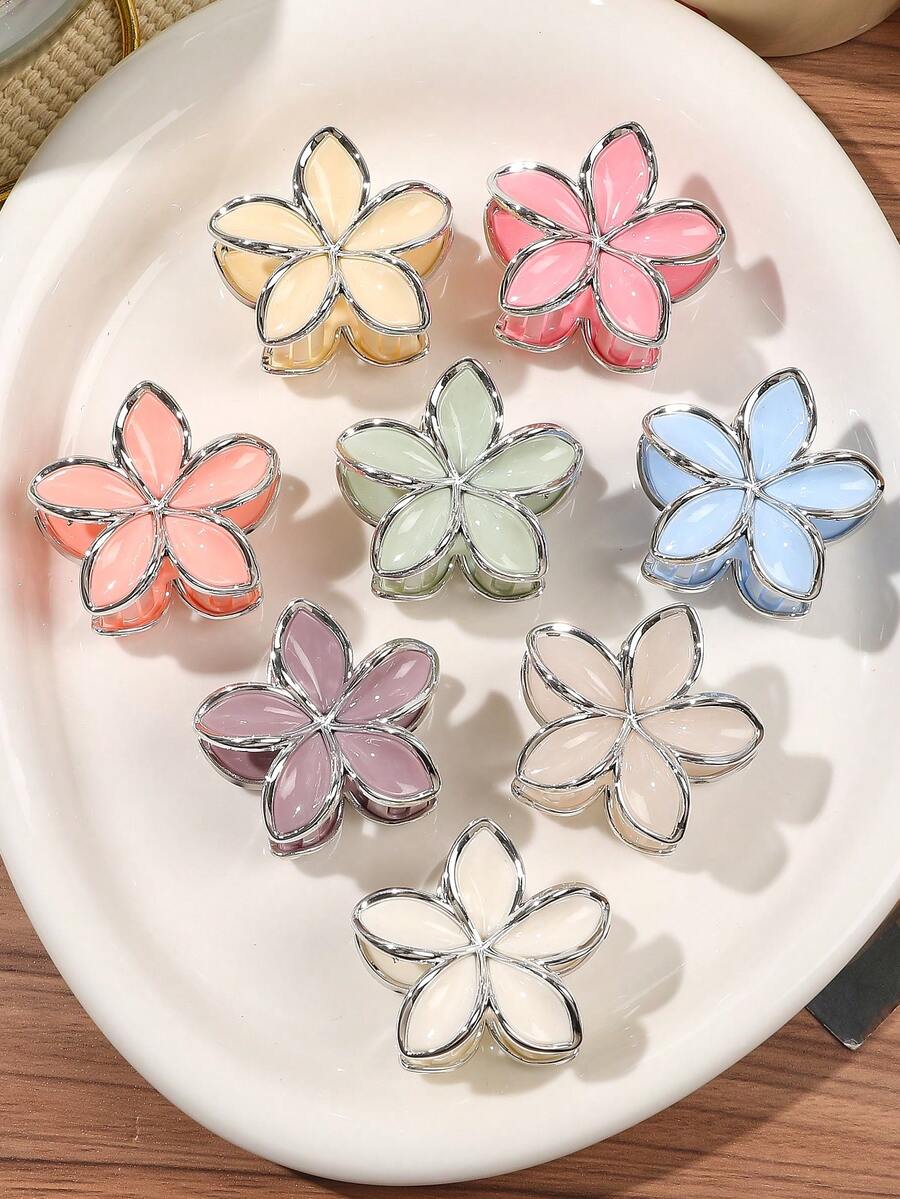 Set de 8 piezas de pinzas para el cabello con borde plateado en color dulce y lindo de material ABS, accesorio de cabello versátil y minimalista para fiesta de té, accesorio de moda para el cabello de mujer, pinzas elegantes para el cabello, pinzas casuales para el cabello, pinzas para el cabello de playa, para atuendos de verano, viajes, cumpleaños - Juego de 8 piezas multicolor - Ver 1