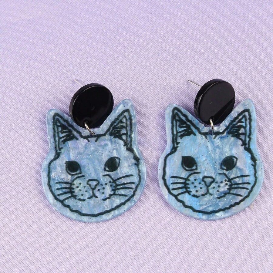 Cute Cartoon Cat Series Earrings, Simple Fashion Acrylic Personalized Printed Earrings, Ear Accessories For Women - 五 - 查看 1