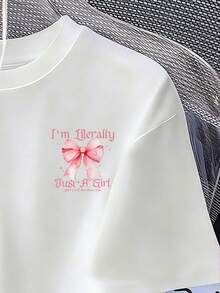 少女休闲蝴蝶结字母图案短袖圆领T恤，夏季 - 白色 - 查看 4