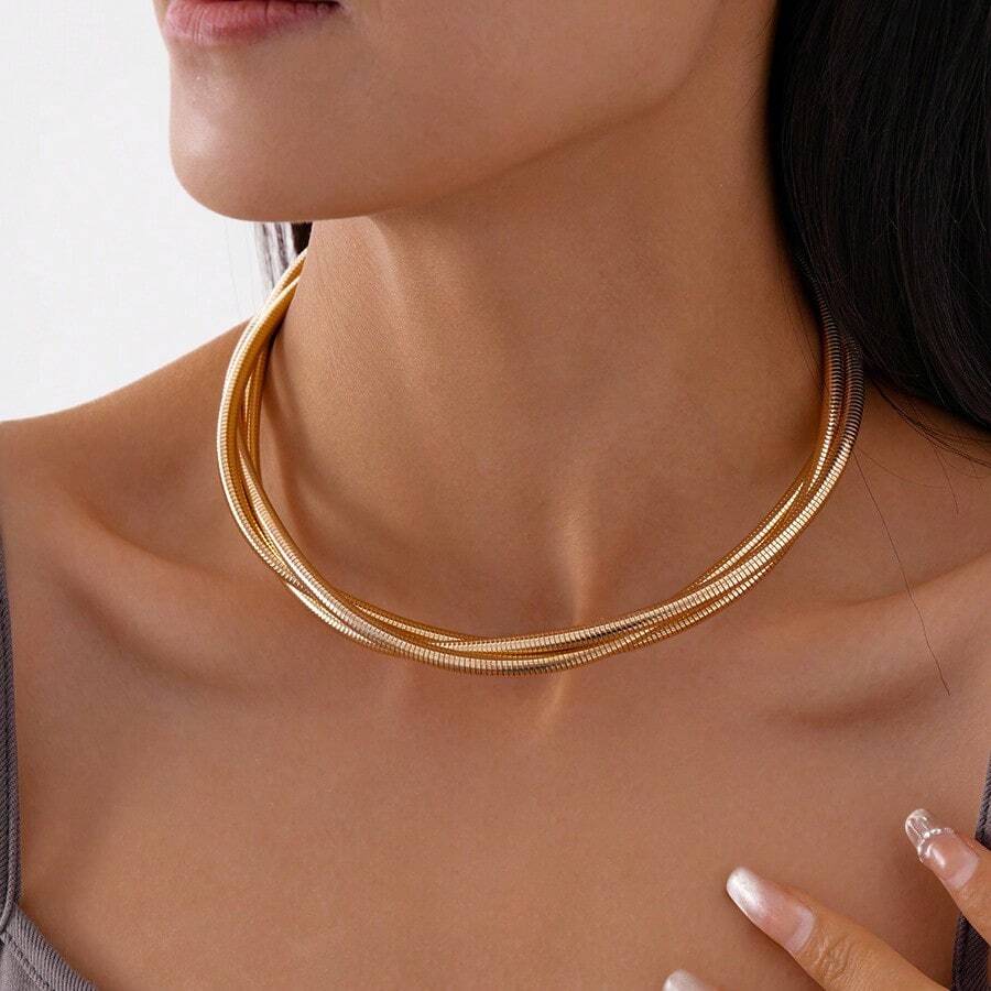 1pc Simple Versatile Snake Chain Necklace, Metal Design Fashionable Jewelry For Women, Suitable For Daily Wear, Hanging Out, And Gatherings - Vàng-1 - Xem 1