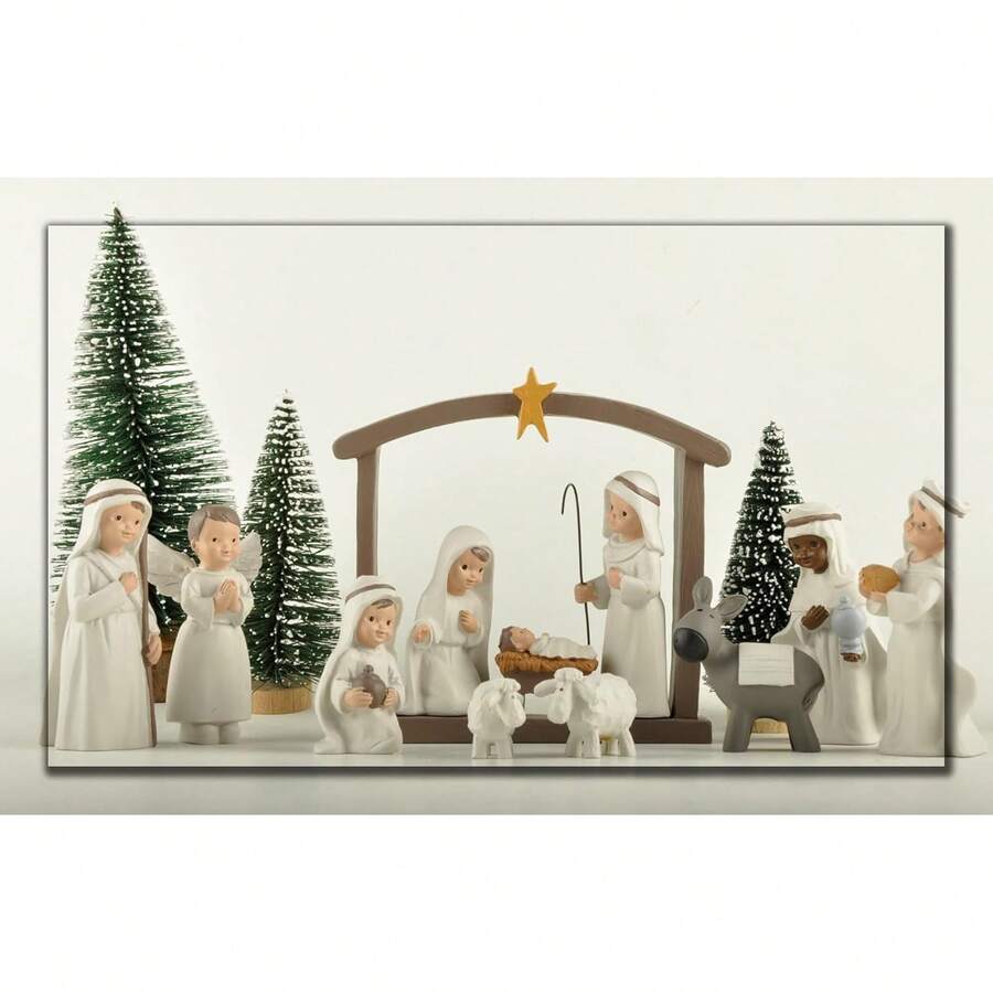Juego de nacimiento con figuras de la Sagrada Familia, 12 piezas, figuras decorativas navideñas y religiosas hechas de resina y pintadas a mano, incluye al niño Jesús, María y José, blanco crema GSU9 - BLANCO - Ver 1