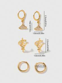 Conjunto de 6 brincos minimalistas e modernos em cobre banhado a ouro 18K com zircônias artificiais em formato de folha e trepadeira de ginkgo. Perfeitos para uso diário e como presente para amigas em datas comemorativas e aniversários. - Ouro amarelo - Ver 6