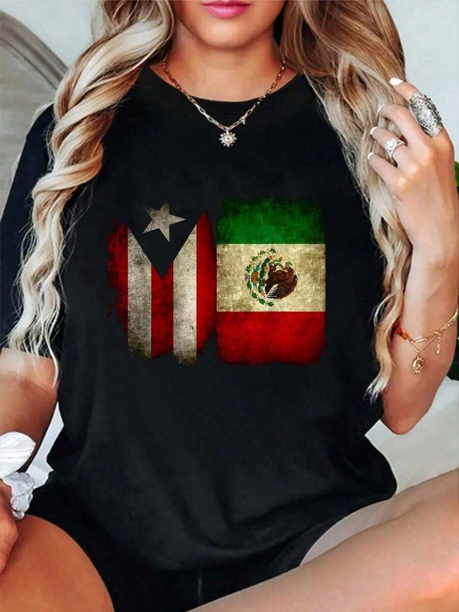 Camiseta de estilo masculino y femenino 100% algodón con bandera de Puerto Rico y México, orgullo patriótico boricua y mexicano, camiseta de cuello redondo suave y cómoda de talla grande para mujeres y hombres - Negro - Ver 1