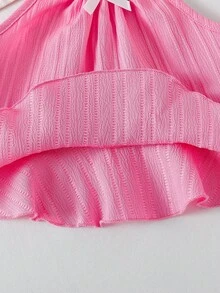 2件套女婴纯色吊带背心，饰有3D蝴蝶结和荷叶边下摆，搭配直筒裤，粉色，情人节/生日礼物，春夏款 - 玫紅色 - 查看 7