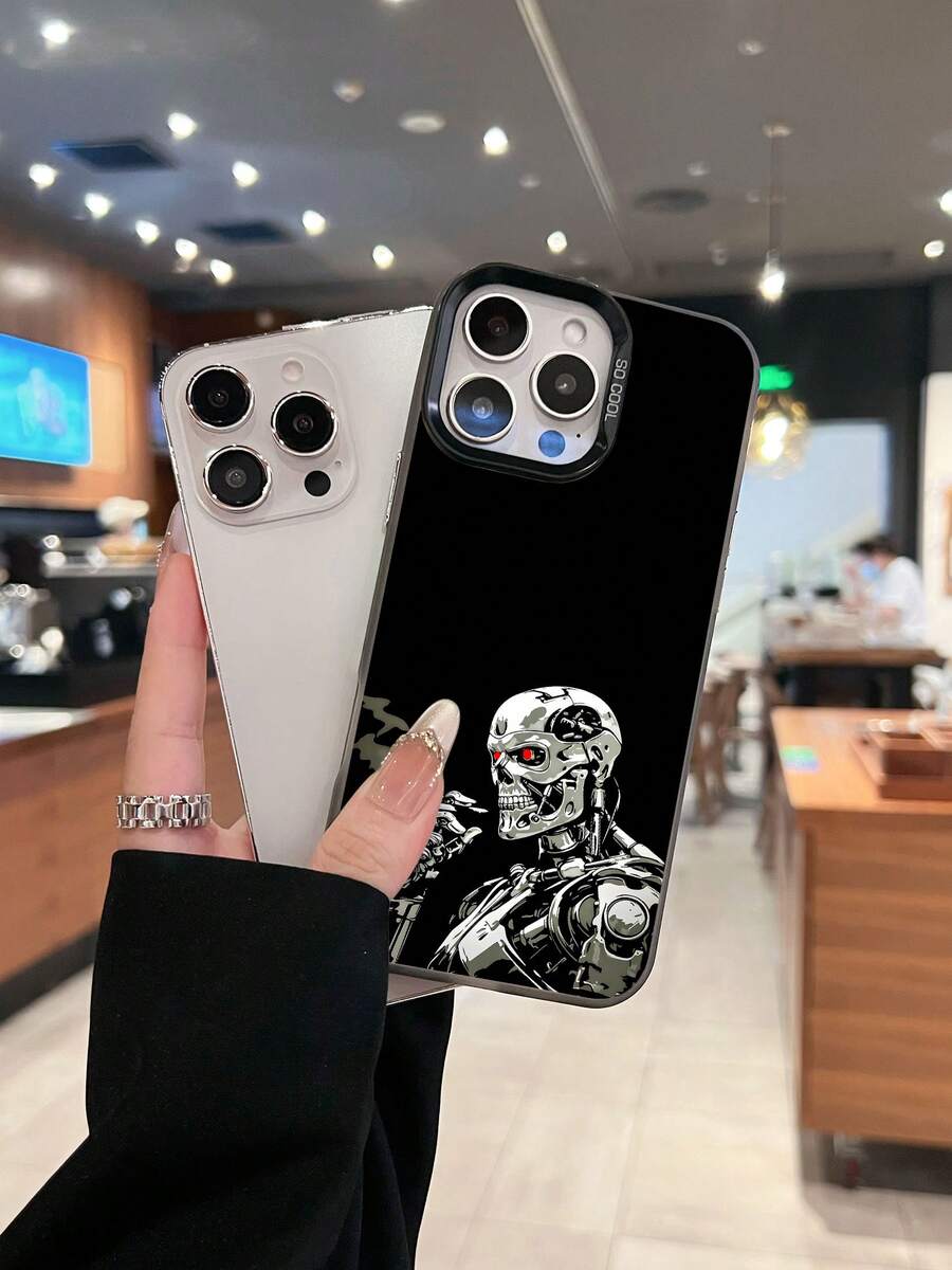 Estuche para teléfono con esqueleto de robot fumando Compatible con estuches para teléfonos 17 16 Pro Max 15 Pro Max 13 y 12 Presenta un efecto metálico vibrante Resistente a rayones Un gran regalo para familiares, amigos, seres queridos, novios/novias y para Navidad - Negro - Ver 1