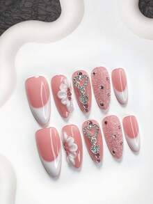 10pcs Romantic French Manicure Set, Cute Stick-On Nail Stickers, Handmade White Flower Nail Decorations, Pink Rhinestone & Silver Heart Nail Accessories, Pink & White Nail Polish, Includes Tool Kit (1 Jelly Sticker + 1 Nail File), 3 Size Options, Almond Shape Nails, Suitable For Outdoor, Wedding, Party, Autumn/Winter Daily Wear Nail Supplies Handmade Press On Nails - 彩色 - 查看 16