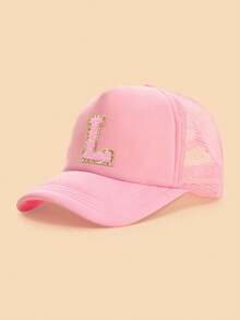 1pc Gold Trim Pink Towel Letter 26 Alphabet Children Baseball Cap, Fashionable Versatile Breathable Trucker Hat, Suitable For Girls Back To School Season Daily Outings Sun Protection - Pink - View 18