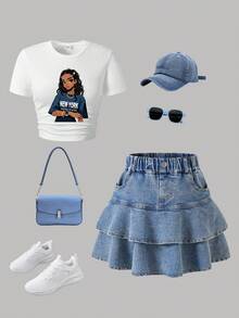 少女卡通印花短袖上衣和牛仔裙套装 - 白色 - 查看 1