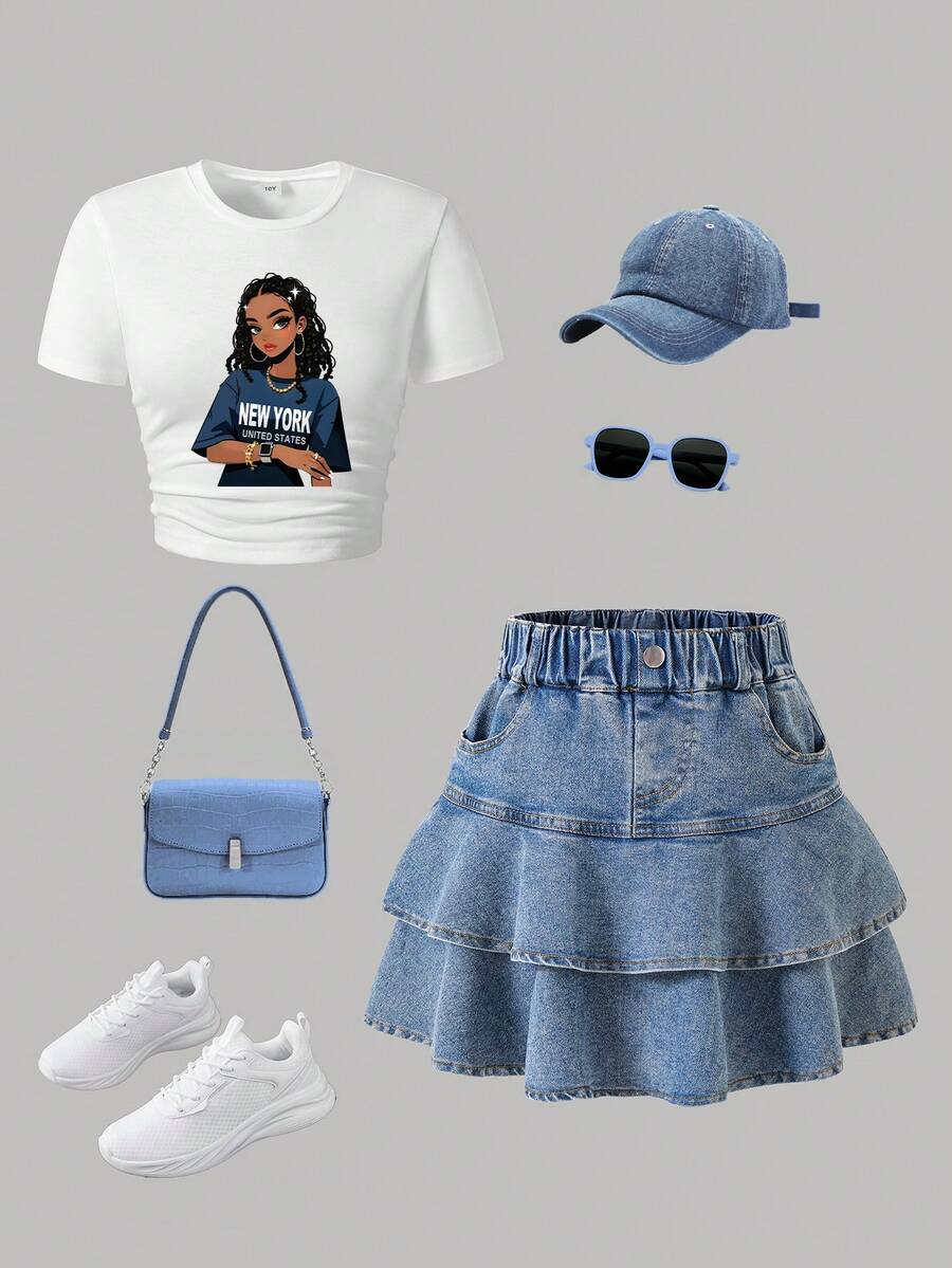 少女卡通印花短袖上衣和牛仔裙套装 - 白色 - 查看 1