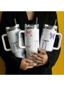 BENNY 1个浪漫蝴蝶结装饰40盎司大容量带把手保温杯，不锈钢真空保温杯，适合旅行、学校、办公室、户外、健身房、居家等场合，送给女性和青少年的礼物，节日和生日礼物（含吸管）