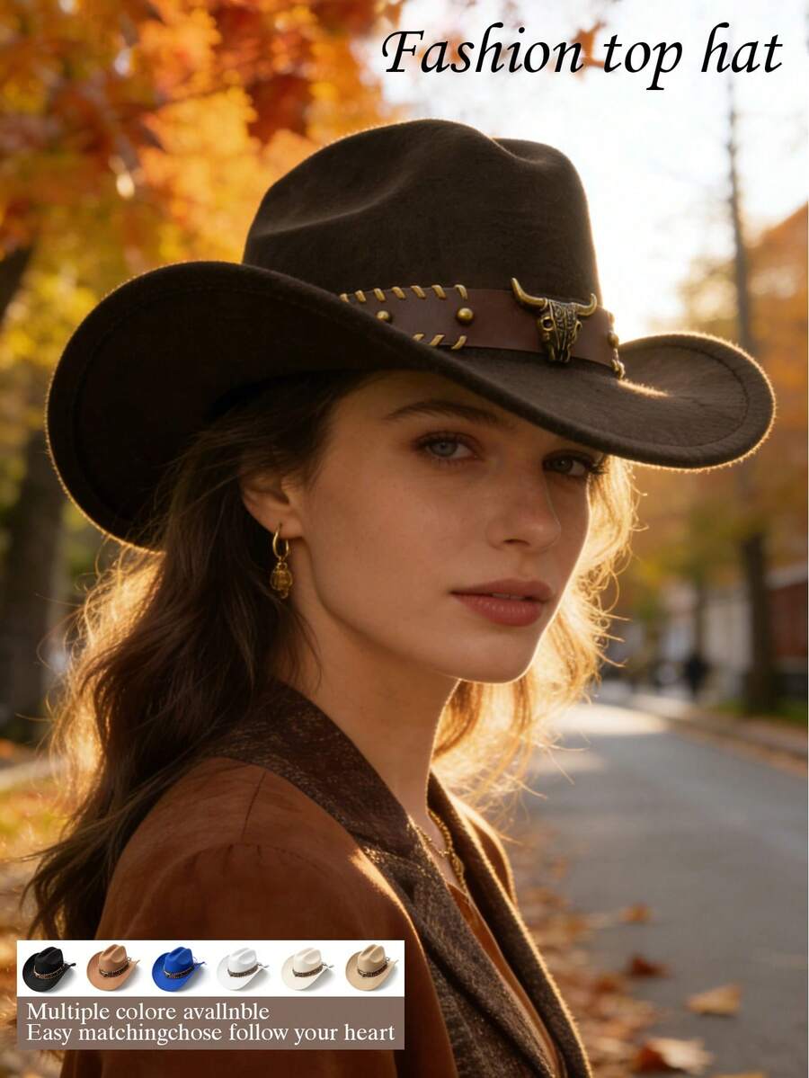 1pc Soft Wool Felt Western Cowboy Hat, Unisex, Leather Strap Buckle, Suitable For Back To School, Parties, Western Themed Events, Gatherings, Cosplay, Graduation, Masquerade, Festivals, Birthdays, Music Festivals, Hiking, Daily Wear - Style 1 - View 1