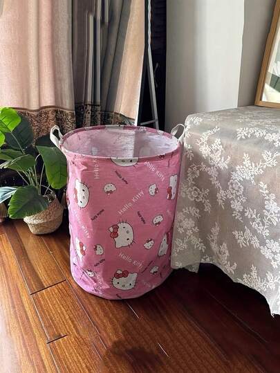 Sanrio 1 pieza Cesta de lavandería de tela de lino con estilo nórdico de Hello Kitty, cesta de almacenamiento de ropa sucia para el baño de gran capacidad, plegable y resistente al agua