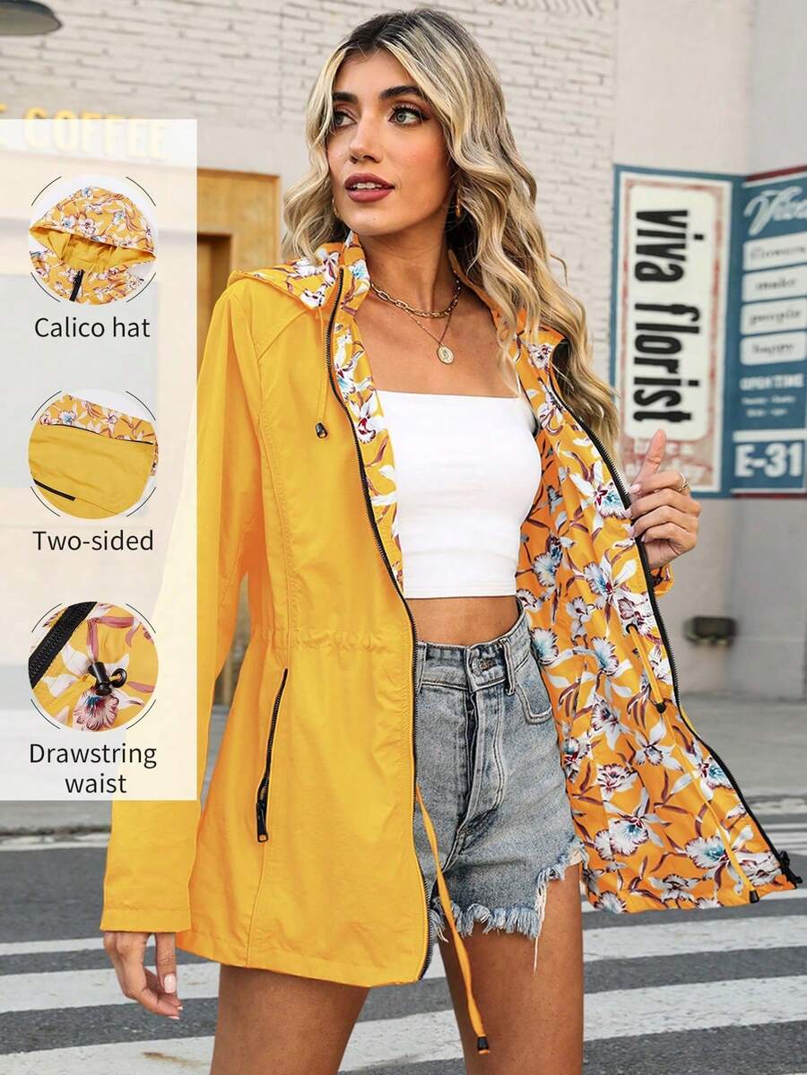 Giolshon 女士奶油色双面连帽外套 - 可翻转印花设计,休闲时尚,适合秋冬季日常叠穿 - 黃色 - 查看 1