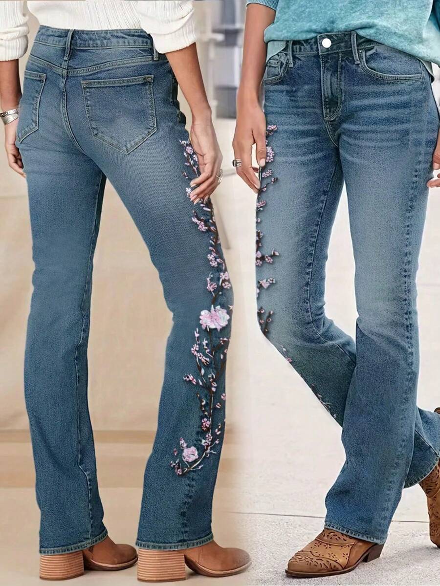 Women's High Waist Floral Embroidered Flare Boot Cut Jeans, Medium Wash Vintage Boho Denim Pants - Màu xanh lam - Xem 1