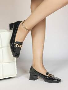 Women's Square Toe Chunky Heel Office Pumps - Black - View 3