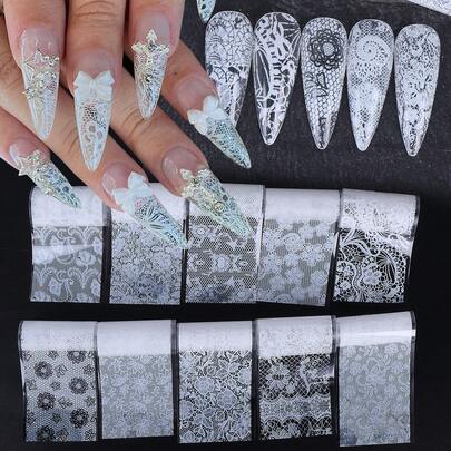 10片白色蕾丝花朵美甲贴纸，尺寸20x4厘米，浪漫蕾丝设计，星空图案全覆盖，优雅情人节礼物，美甲用品，新娘及伴娘美甲装饰