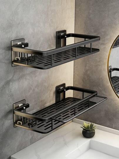 Estantería de esquina con 2 ganchos, montada con adhesivo resistente o tornillos - sin necesidad de perforar, unidad de estantería curva ahorradora de espacio para baño, ducha, almacenamiento de cocina - sistema de estantería de plástico resistente (2 niveles)