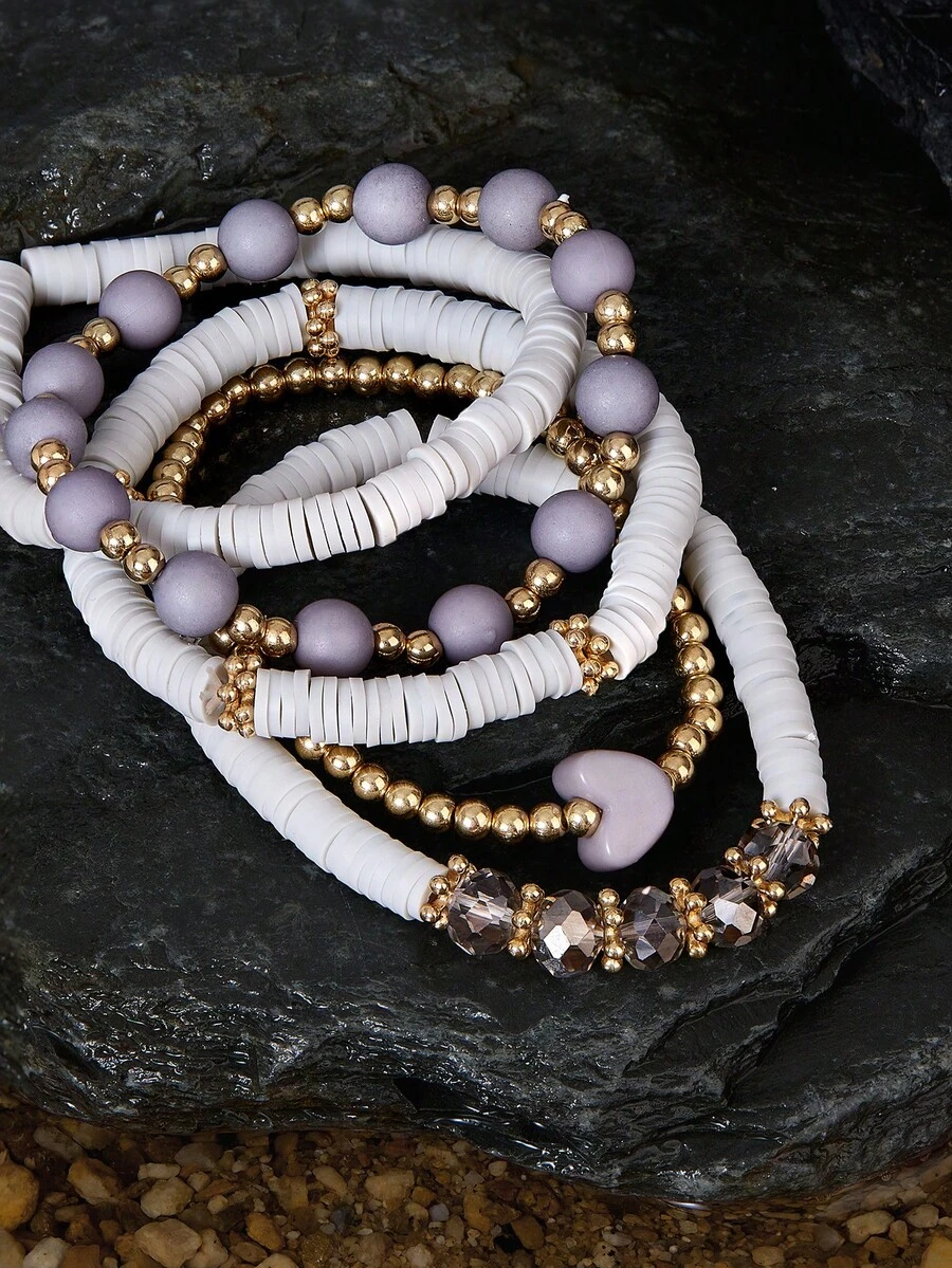 Opalesca 5pcs/Set Elegant Gray Soft Ceramic Heart Bead Multi-Layer Bracelet Set, Artificial Crystal Elastic Bracelet, Suitable For Ladies Daily Wear, Dating, Party, Mother's Day, Friendship Bracelet - Multicolor - View 1