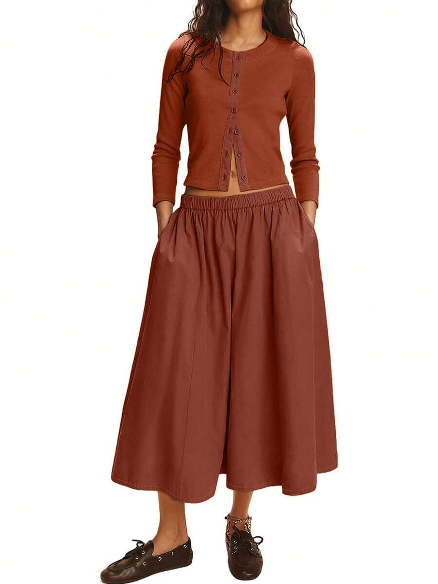 Women's 2 Piece Lounge Set Matching Outfit Vacation Ribbed Button Down Cardigan Elastic Waist Skirt Set - Rust Brown - View 1