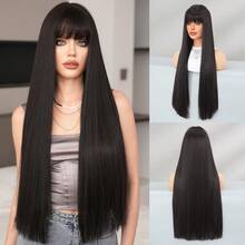 7JHH WIGS Tóc giả đen dài 28 inch dành cho nữ - Tóc giả thẳng bồng bềnh sang trọng với mái, sợi tổng hợp cao cấp chịu nhiệt màu đỏ tía, thích hợp sử dụng hàng ngày, cosplay & dự tiệc, quà tặng tốt nghiệp & quà tặng cho mẹ. - màu đen - Xem 12