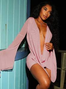 Dresses For Women   Vestidos De Invierno Mujer Vestidos De Mujer  Vestidos Elegantes De Mujer A Long-Sleeved, Backless A-Line Short-Sleeved Dress With A Tulle Swing Neck For Women - 粉紅色 - 查看 1