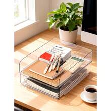 Juego de 2 bandejas de almacenamiento de escritorio, bandejas de acrílico transparente para documentos, bandejas apilables para papel, ideales para accesorios de escritorio, notas adhesivas, bolígrafos, documentos, etc. - por defecto - Ver 7