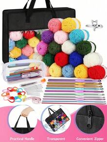1 Set Beginner Crochet Tool Kit, Includes 100% Acrylic Yarn, Crochet Hooks, And Black Storage Bag, Ergonomic Portable Crochet Set, Suitable For All Beginner Ages (Accessories & Yarn Color Randomly Assorted)