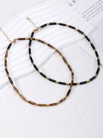 1pc Elegant Retro Natural Stone Necklaces Crystal Tiger Eye Beads Chain Bohemian Charm Fashion Adjustable Choker Necklace H827