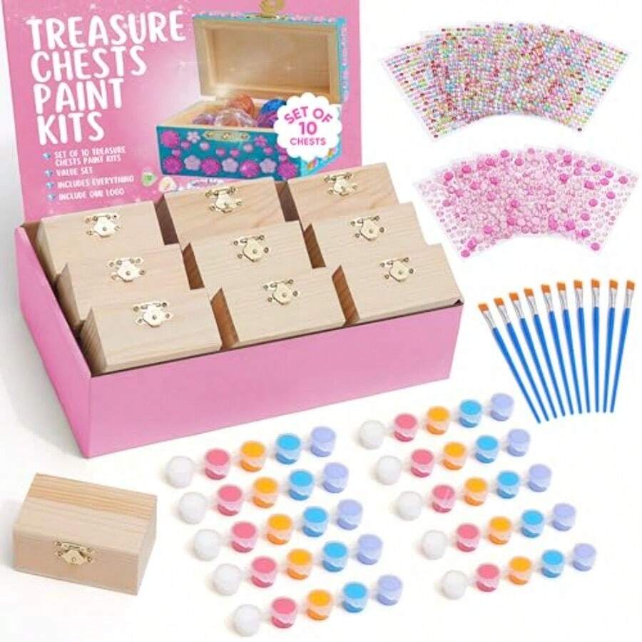 10 Sets Jewelry Box Painting Set For With Stickers - Bulk Stockings And Birthday Goodie Bag Stuffer - Party Favors Toy Return Gifts - Unfinished Wooden Treasure Boxes For Arts And Craft - Multicolor - View 1
