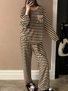 2件套女士条纹长袖睡衣，韩版前口袋长裤家居服，春夏款 - 杏色 - 查看 7