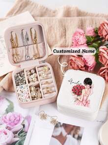 1 Pc, Custom Name Jewelry Box, Personalized PU Leather Jewelry Box, 6 Colors And 8Styles To Choose From, Travel Portable Jewelry Zipper Box, Custom Jewelry Storage Box, Wedding Party Gift, Christmas Gift, Bride And Bridesmaid Travel Jewelry Storage Box,Fashionable Personalized Leather Jewelry Organizer, Perfect Gift For Female Mother