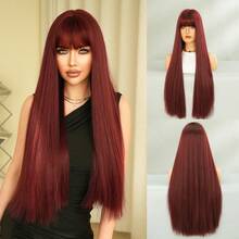 7JHH WIGS 28英寸超长直发深红色女士假发 - 优雅蓬松合成直发假发，带刘海，优质耐热合成纤维酒红色假发，适合日常佩戴、角色扮演和派对使用，毕业礼物和母亲节礼物，假发配件 - 酒紅色 - 查看 12