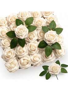 30/300 piezas (25 rosas, 5 hojas) Rosas artificiales, adecuadas para ramos de boda DIY, decoraciones de mesa, fiestas, baby showers, decoración del hogar, Día de San Valentín, regalos, cumpleaños, graduaciones (caja no incluida) - Champán - Ver 1