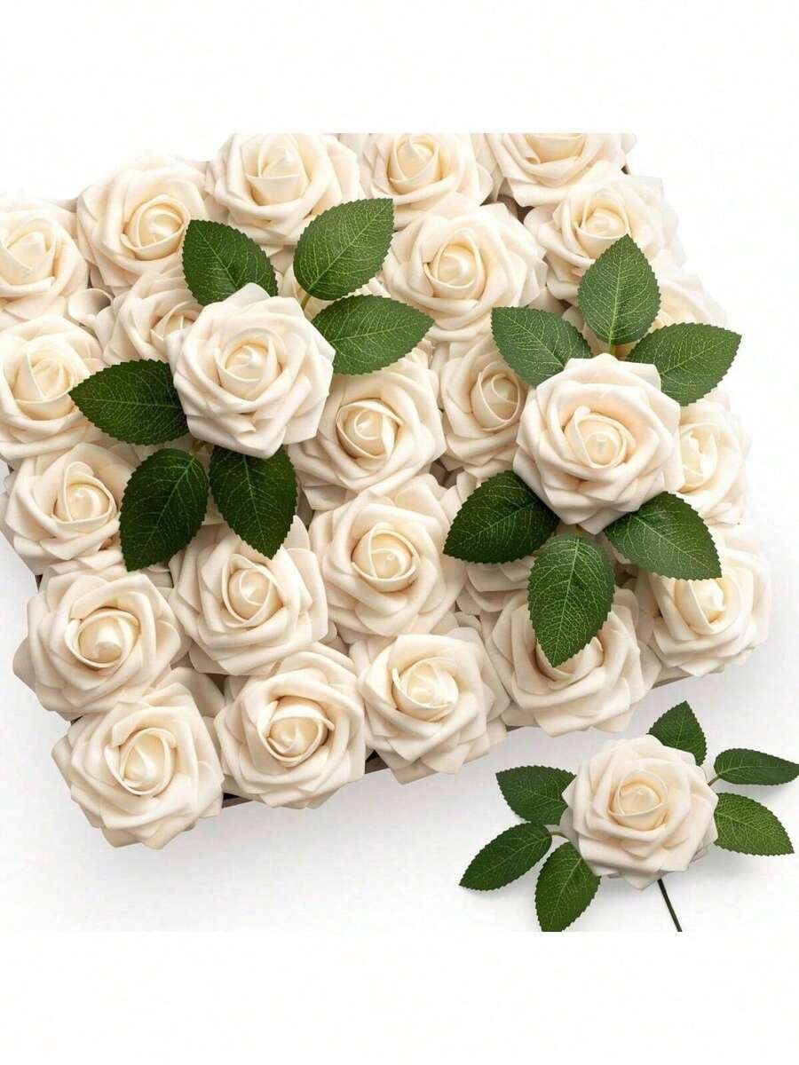 30/300 piezas (25 rosas, 5 hojas) Rosas artificiales, adecuadas para ramos de boda DIY, decoraciones de mesa, fiestas, baby showers, decoración del hogar, Día de San Valentín, regalos, cumpleaños, graduaciones (caja no incluida) - Champán - Ver 1