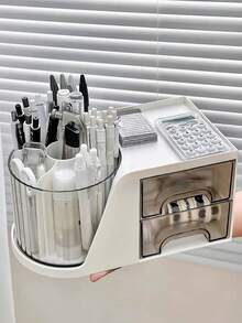 1個小/大轉動圓柱收納盒，帶抽屜，適用於桌面文具和桌面整理，辦公室筆筒架 - 白色 - 查看 4