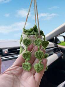 1pc Handmade Crochet Hanging Succulent Planter Car Rearview Mirror Charm Pendant - Green - View 2