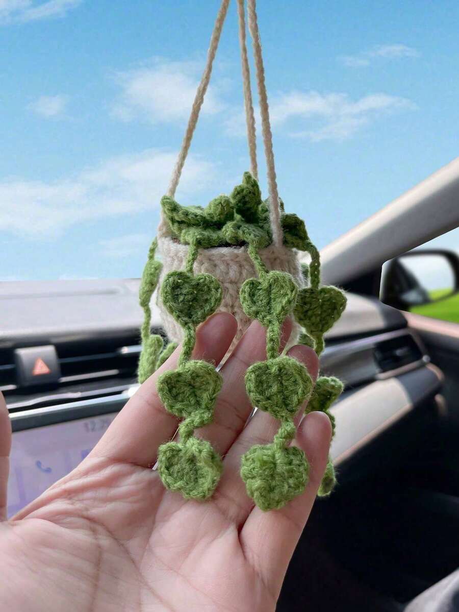 1pc Handmade Crochet Hanging Succulent Planter Car Rearview Mirror Charm Pendant