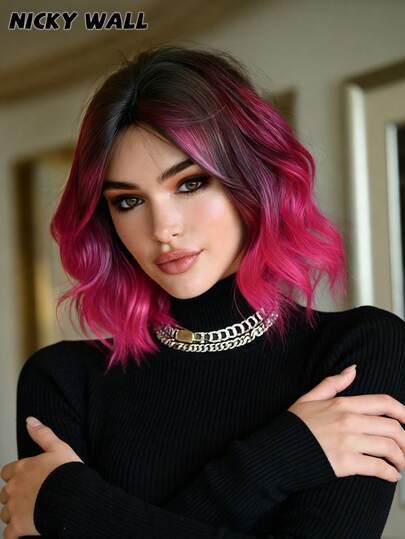 NICKY WALL 12inch Short Wave Rose Pink Ombre Wigs For Women,Elegant Wavy Curly Bob Wigs With Curtain Bangs,High Quality Soft Synthetic Fiber Wigs For Women Daily Wear, Festival Ready Party Use, Perfec Gift - Beginners Glueless Wig Accessories
