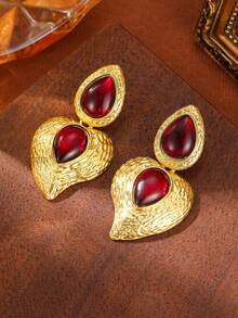 1 Pair Elegant Women's Fashion Heart Pendant Earrings, Inlaid Garnet Gemstone Dangle Earrings, Gift & Daily Wear - Multicolor - View 5