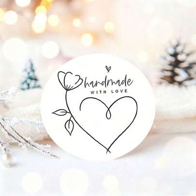 24/48 Pcs Handmade With Heart & Flower Sticker, Bulk Adhesive Sheets Ompatible For DIY Crafts - Hand-Drawn Cursive Letters, Painted Style Suitable For Scrapbooking, Wedding, Decorations, Journals - Bulk Paper Stickers