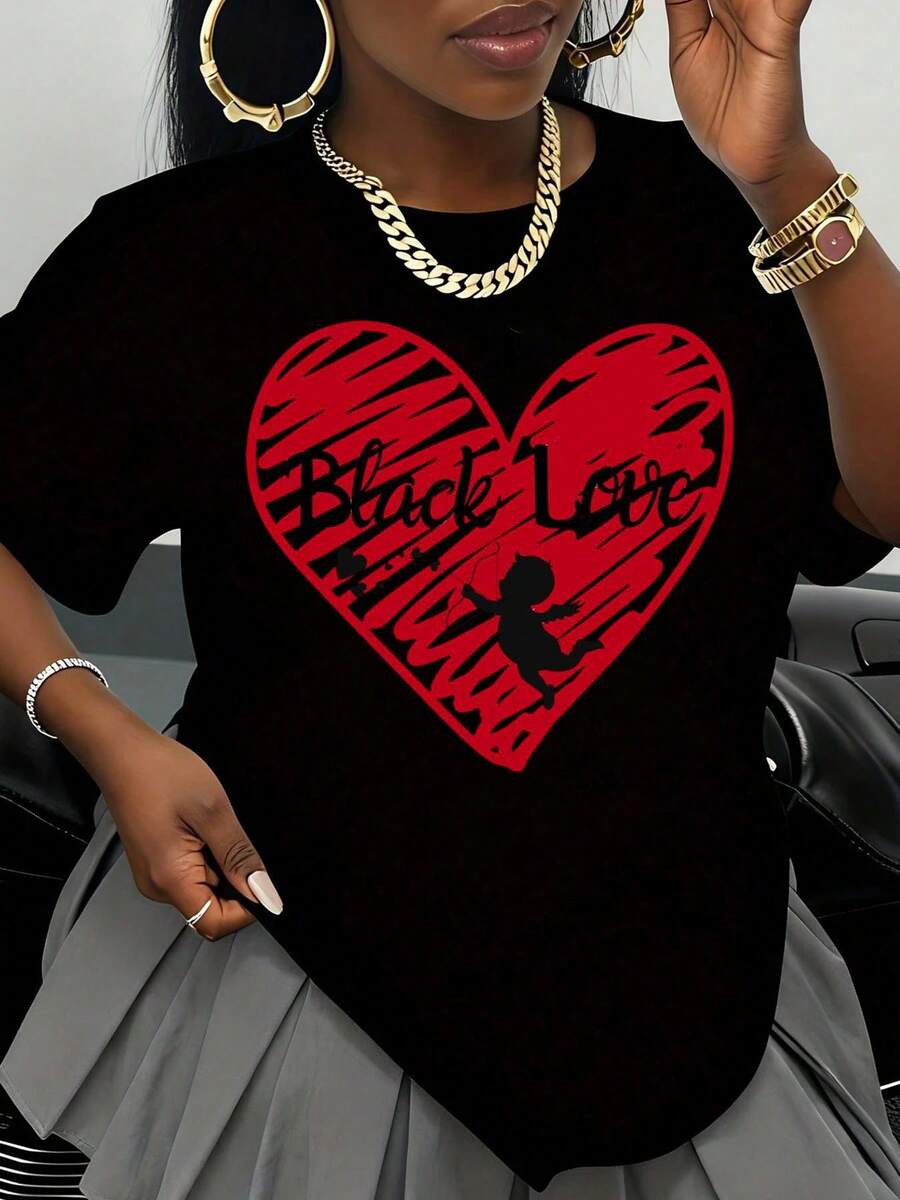 Black Love Heart Graphic T Shirt For Women Plus Size Black History Month Celebration Apparel Valentine Day Gift Fashion Statement Top - màu đen - Xem 1