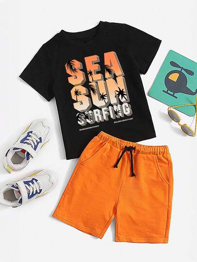 Boys Letter Print Short Sleeve T-Shirt And Drawstring Waist Shorts
