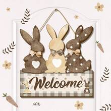 1pc Wooden Easter Bunny Hanging Sign, Rabbit Welcome Plaque With Wooden Bow Tie, Front Door, Wall Decor For Farmhouse, Indoor/Outdoor Easter Spring Decoration (11.8 X 11.8 Inches / 30 X 30 Cm) - Camel - View 2
