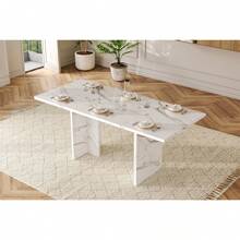 Masă extensibilă, 140/180 x 80 cm, ideală pentru 6 până la 8 persoane, formă dreptunghiulară, blat gros, stil simplu, pentru sufragerie, bucătărie sau living, marmură albă - Negru - Vizualizare 8