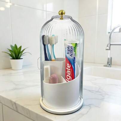 Bathroom Organizer With Sliding Lid Christmas Gift Idea,Rotating Toothbrush Holder With Sliding Lid 3 Slots,Bathroom Counter Organizer For Makeup Brushes And Toothbrush,No-Drill Bathroom Storage,Water-Resistant Organizer,Home Must-Haves,Home Cleaning&Personal Care,Personal Care&Personal Cleaning Tools,Oral Care Storage,Bathroom Gadgets,Toothbrush Holders&Toothpaste Holders,Home&Living,Bathroom Storage&Organization,Bathroom Storage Jars