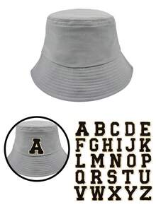 1 pieza Sombrero de cubo tricolor para niños + 26 piezas de parches bordados autoadhesivos, sombrero de sol de algodón transpirable, gorra ajustable para exteriores, decoración de letras DIY, sombrero de moda casual, adecuado para primavera/verano unisex para niños - Negro (letras) - Ver 154