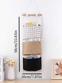1pc Linen 3-Pocket Hanging Storage Bag, 3 Printed Styles Available, Hanging On Door To Store Small Items Like Pens, Clips, Fashionable & Minimalist Design, Foldable Storage Hanging Bag - Multicolor - View 2
